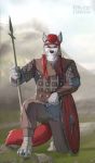  2020 5_fingers anthro canid canine canis clothed clothing day detailed_background digital_media_(artwork) fingers hair hi_res kittysilence male mammal melee_weapon nude outside polearm red_hair sky spear weapon wolf 