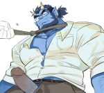  1boy alternate_costume arm_hair bara bare_pecs beard belt blue_oni_(saltypoundcake) blue_skin bursting_pecs chest_hair collared_shirt colored_skin cowboy_shot dark_blue_hair erection facial_hair fang formal grey_pants horns male_focus midriff_peek monster_boy muscular necktie necktie_grab neckwear_grab oni oni_horns original pants partially_unbuttoned pectorals penis pointy_ears pov saltypoundcake shirt short_hair solo_focus thick_eyebrows tied_hair uncensored veins veiny_penis white_shirt 