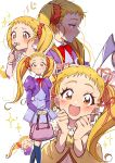  5girls absurdres blonde_hair blush eating eyelashes grgrton hair_ornament happy highres kasugano_urara_(yes!_precure_5) l&#039;ecole_des_cinq_lumieres_school_uniform long_hair looking_at_viewer multiple_girls multiple_persona open_mouth precure ribbon school_uniform shoes simple_background smile socks spoon twintails white_background yellow_eyes yes!_precure_5 yes!_precure_5_gogo! 