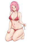  1girl bangs bare_shoulders barefoot bikini blush breasts cleavage collarbone commentary commission eyebrows_visible_through_hair facial_mark forehead_mark full_body green_eyes groin hairband hand_on_own_thigh haruno_sakura highres kneeling looking_at_viewer medium_breasts midriff naruto naruto_(series) naruto_shippuuden navel nose_blush parted_bangs pink_hair red_bikini red_hairband sarhce short_hair sidelocks simple_background smile solo swimsuit underboob untying white_background 