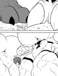  abs anthro big_breasts biped box breasts claws comic digimon digimon_(species) duo featureless_crotch feet female fingers grass growth guilmon low-angle_view macro markings monochrome muscle_growth muscular muscular_female muscular_thighs nipples plant ryuakira scalie simple_background symbol terriermon white_background worm&#039;s-eye_view 