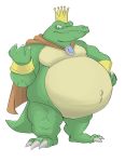  2020 absurd_res anthro belly big_belly canson cape claws clothing crocodilian crown donkey_kong_(series) fangs green_body green_skin hi_res jewelry king_k._rool kremling looking_at_viewer male navel nintendo outie_navel overweight overweight_anthro overweight_male plantigrade reptile scalie sharp_teeth simple_background solo teeth video_games white_background yellow_body yellow_skin 