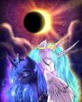  absurd_res crown duo eclipse equid female friendship_is_magic hi_res horn mammal my_little_pony princess_celestia_(mlp) princess_luna_(mlp) sky stellarway tiara winged_unicorn wings 