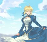  ahoge artoria_pendragon_(all) bangs blonde_hair blue_dress blue_sky braid closed_eyes cloud cloudy_sky collar collared_dress commentary_request dress eyebrows_visible_through_hair fate/stay_night fate_(series) hair_between_eyes highres long_sleeves meeko open_mouth outdoors saber sidelocks sky smile standing 