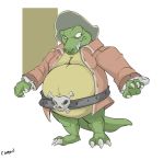  2020 absurd_res anthro belly belt big_belly canson claws clothing crocodilian donkey_kong_(series) green_body green_skin hi_res jacket jolly_roger king_k._rool kremling looking_back male navel nintendo outie_navel overweight overweight_anthro overweight_male pirate pirate_hat pirate_outfit plant reptile scalie sharp_teeth simple_background solo teeth topwear video_games yellow_body yellow_skin 