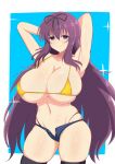  1girl absurdres arms_behind_head arms_up bikini black_legwear blue_background breasts cropped_legs expressionless hair_ribbon highres huge_breasts long_hair looking_at_viewer murasaki_(senran_kagura) navel ninimu-home purple_eyes purple_hair ribbon senran_kagura short_shorts shorts solo swimsuit thighhighs thighs unzipped yellow_bikini 