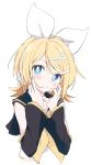  1girl black_sailor_collar blonde_hair blue_eyes blush detached_sleeves hair_ornament hairband hands_up ixy kagamine_rin looking_at_viewer sailor_collar short_hair simple_background solo upper_body vocaloid white_background white_hairband x_hair_ornament 