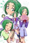  5girls absurdres akimoto_komachi blush bow_hairband closed_eyes eyelashes green_eyes green_hair grgrton hair_ornament hairband happy highres l&#039;ecole_des_cinq_lumieres_school_uniform looking_at_viewer multiple_girls multiple_persona open_mouth precure ribbon school_uniform shoes short_hair simple_background smile socks white_background yes!_precure_5 yes!_precure_5_gogo! 