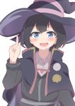  1girl :d bangs black_capelet black_hair black_headwear black_robe blue_eyes blush capelet collared_shirt commentary_request crescent eyebrows_visible_through_hair grey_shirt hand_up hat hatafuta index_finger_raised long_sleeves looking_at_viewer majo_no_tabitabi open_mouth saya_(majo_no_tabitabi) shirt short_hair simple_background smile solo star_(symbol) upper_body upper_teeth white_background witch witch_hat 