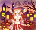  1girl bangs bat bat_wings blonde_hair bow closed_eyes commentary_request cowboy_shot cross cross_necklace doridori dress eyebrows_visible_through_hair hair_between_eyes halloween hand_on_headwear happy hat head_wings high_priest_(ragnarok_online) jack-o&#039;-lantern jewelry lamppost long_hair necklace open_mouth orange_sky pumpkin ragnarok_online red_dress sash sky solo sparkle standing town tree two-tone_dress white_bow white_dress white_sash window wings witch_hat 