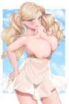  1girl absurdres blonde_hair blue_eyes blush breasts cosplay dress earrings granblue_fantasy highres incloud jewelry large_breasts long_hair lyria_(granblue_fantasy) lyria_(granblue_fantasy)_(cosplay) nipples no_panties open_mouth persona persona_5 ring see-through shiny shiny_skin solo takamaki_anne twintails 