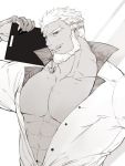  1boy abs aegir_(tokyo_houkago_summoners) anchor_earrings bara beard collared_shirt earrings facial_hair fins greyscale hair_slicked_back hair_strand head_tilt hinokumo_f holding jewelry looking_at_viewer male_focus monochrome multicolored_hair muscular muscular_male navel open_clothes open_shirt pectorals shirt short_hair smile solo streaked_hair tokyo_houkago_summoners upper_body 