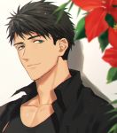  1boy bangs black_hair black_shirt black_tank_top blue_eyes blurry_foreground close-up collarbone face flower free! leaning_back looking_at_viewer male_focus oh_ki_ik open_clothes open_shirt red_flower shirt short_hair smile solo tank_top toned toned_male wet wet_hair yamazaki_sousuke 