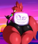  2020 5_fingers anthro big_butt butt butt_focus canid canine clothed clothing digital_media_(artwork) eyebrows eyelashes fingers food hi_res huge_butt inner_ear_fluff looking_back mammal popsicle pupils pyrocynical rear_view slit_pupils suirano tuft 