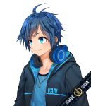  1boy absurdres afba bangs blue_eyes blue_hair blush closed_mouth collarbone commission ears english_commentary english_text eyebrows_visible_through_hair hair_between_eyes headphones headphones_around_neck highres hood hood_down hoodie jewelry looking_away necklace original short_hair short_sleeves simple_background smile white_background 