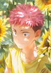  1boy beitemian brown_eyes brown_hair close-up facial_mark floral_background flower highres itadori_yuuji jujutsu_kaisen light_smile looking_to_the_side male_focus pink_hair shadow short_hair smile solo spiked_hair sunflower sunlight undercut upper_body younger 