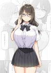  1boy 1girl adjusting_eyewear blush bow bowtie breast_pocket breasts brown_eyes brown_hair glasses glasses_onee-san_(sky_(freedom)) grey_neckwear highres huge_breasts looking_at_viewer medium_hair original pleated_skirt pocket school_uniform shirt skirt sky_(freedom) smile solo_focus tented_shirt thighs white_shirt 