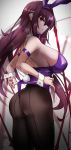  1girl absurdres ass bow bowtie breasts fate/grand_order fate_(series) fishnet_legwear fishnets from_side highres kyle_(kysizzle) lance large_breasts leotard leotard_pull multiple_weapons pink_nails playboy_bunny_leotard polearm purple_leotard purple_neckwear red_eyes scathach_(fate)_(all) scathach_(fate/grand_order) sideboob sleeve_cuffs solo weapon 