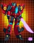  1980s_(style) 1girl airplane_wing artist_name autobot clenched_hands energy_sword english_commentary grid_background guido_guidi holding holding_sword holding_weapon mecha parody retro_artstyle solo standing style_parody sword transformers weapon windblade 