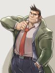  1boy bandaid bandaid_on_face bara brown_hair bunta_ru coat cowboy_shot denim facial_hair green_coat grey_shirt gyakuten_saiban hand_in_pocket highres itonokogiri_keisuke jeans male_focus muscular muscular_male necktie open_clothes open_coat pants pencil pointing pointing_at_self red_neckwear shirt short_hair smile solo stubble 