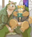  2020 anthro asian_clothing bulge canid canine canis clothing cute_fangs domestic_dog duo east_asian_clothing fundoshi fur gaming green_body green_fur hi_res hottophoto humanoid_hands inside japanese_clothing kemono live-a-hero male male/male mammal mokdai night nintendo nintendo_switch overweight overweight_male playing_videogame procy sitting underwear video_games 