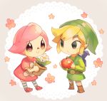  1boy 1girl animal_crossing black_eyes blonde_hair dress eye_contact flower food fruit green_headwear holding holding_food holding_fruit link looking_at_another lowres namie-kun pink_hair short_hair simple_background smile standing striped striped_legwear the_legend_of_zelda villager_(animal_crossing) 