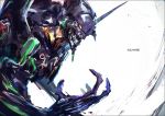  armor artist_name eva_01 glowing glowing_eyes horns k-suwabe mecha neon_genesis_evangelion no_humans open_mouth single_horn solo spikes upper_body white_background yellow_eyes 