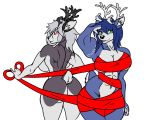  2020 abs alternate_form anthro antlers black_nose blue_hair capreoline cervid christmas crossover duo female fur green_eyes grey_body grey_fur hair helluva_boss holidays horn inner_ear_fluff krystal loona_(vivzmind) mammal markings multicolored_body multicolored_fur muscular muscular_anthro muscular_female navel nintendo oleanderin red_sclera reindeer ribbons scut_tail star_fox tattoo tuft video_games white_body white_eyes white_fur white_hair white_inner_ear 