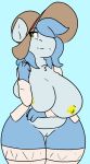  anthro big_breasts blue_body blue_fur breast_squish breasts clothed clothing equid equine exposed_breasts female fur genitals hat headgear headwear hi_res horse ineffective_clothing jacket legwear lumi_(character) mammal multicolored_body multicolored_fur overweight overweight_anthro overweight_female partially_clothed petsoftthings_(artist) pussy slight_smile solo squish sun_hat thick_thighs thigh_highs topwear two_tone_body two_tone_fur yellow_body yellow_eyes yellow_skin 