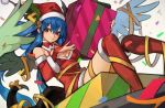  1girl angel_wings asymmetrical_wings bangs bell blue_hair breasts christmas cleavage collar confetti dizzy_(guilty_gear) english_commentary gift guilty_gear hair_between_eyes hair_ornament hair_rings hat jingle_bell large_breasts long_hair looking_at_viewer red_collar red_eyes red_legwear ribbon santa_hat shaded_face simple_background smile solo tail tail_ornament tail_ribbon thighs twintails uncle_rabbit_ii wings 
