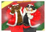  2020 anthro belly bernese_mountain_dog black_body black_fur blush bottomwear brown_body brown_fur canid canine canis christmas christmas_clothing christmas_headwear clothing domestic_dog duo fur hat headgear headwear hi_res holidays hug humanoid_hands kemono male male/male mammal molosser mountain_dog overweight overweight_male pants santa_claus santa_hat swiss_mountain_dog text ursid white_body white_fur yanununununu 