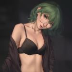  1girl bangs black-framed_eyewear black_bra black_jacket bra breasts cleavage collarbone dark_background eto_(tokyo_ghoul) eyebrows_visible_through_hair glasses green_eyes green_hair hair_between_eyes highres jacket jewelry long_sleeves medium_breasts miura-n315 necklace off_shoulder open_clothes open_jacket parted_lips pink_lips round_eyewear short_hair single_bare_shoulder smile solo tokyo_ghoul twitter_username underwear upper_body 