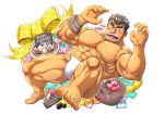  1boy abs bara blush bulge bunta_ru cake chest_hair chocolate_cake dynamic_pose facial_hair feet food foreshortening forked_eyebrows full_body fundoshi happy_birthday japanese_clothes kengo_(tokyo_houkago_summoners) male_focus muscular muscular_male navel nipples official_style pectorals short_hair solo stubble teeth thick_eyebrows thick_thighs thighs tokyo_houkago_summoners tongue underwear underwear_only white_male_underwear 