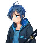  1boy absurdres afba bangs blue_hair blush collarbone commission ears english_commentary english_text eyebrows_visible_through_hair frown hair_between_eyes headphones headphones_around_neck highres hood hood_down hoodie jewelry looking_to_the_side necklace original short_hair short_sleeves simple_background unhappy white_background 