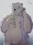  2020 3:4 anthro belly blue_eyes clothed clothing eyewear glasses hachura hi_res humanoid_hands kemono leib_(tas) male mammal navel nipples open_clothing open_shirt open_topwear overweight overweight_anthro overweight_male polar_bear pubes shirt smoking solo tokyo_afterschool_summoners topwear ursid ursine video_games 