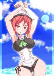  1girl arms_up azure_striker_gunvolt azure_striker_gunvolt_2 breasts cougar_(cougar1404) eyebrows_visible_through_hair green_neckwear large_breasts looking_at_viewer maid nowa_(gunvolt) red_eyes red_hair short_hair solo swimsuit 