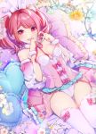  1girl :d animal_ear_fluff animal_ears bang_dream! bangs bare_shoulders bed blue_nails bow breasts bunny_ears detached_sleeves dress eyebrows_visible_through_hair fake_animal_ears flower frills heart heart_hands highres long_hair looking_at_viewer lying maruyama_aya medium_breasts nail_polish on_back open_mouth pillow pink_dress pink_eyes pink_hair ribbon sidelocks smile solo sunflower thigh_gap thighhighs tsurugi_hikaru twintails white_legwear wrist_cuffs 