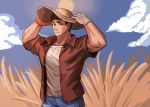  1boy arms_up bara blue_eyes brown_hair cowboy_shot denim gloves hat highres jacket jeans looking_at_viewer male_focus muscular muscular_male open_clothes open_jacket original pants pectorals red_jacket see-through shirt short_hair simple_background smile solo straw_hat wet wet_clothes wet_shirt white_shirt yeon_(leyonkim) 