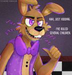  2020 anthro big_bow_tie big_teeth black_eyebrows black_nose bow_tie brown_body brown_fur buckteeth checkered_wall close-up clothed clothing dialogue english_text eyebrows five_nights_at_freddy&#039;s five_nights_at_freddy&#039;s_vr:help_wanted fnaf_vr_help_wanted fur gesture glitchtrap half-closed_eyes hi_res lagomorph leporid long_ears male mammal multicolored_body multicolored_fur narrowed_eyes open_mouth pointing pointing_at_self purple_eyes rabbit skinny smile solo standing stitch_(disambiguation) tan_body tan_fur teeth text thin_eyebrows toony topwear toy-bonnie vest video_games whiskers 