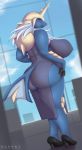  anthro big_breasts big_butt blue_body breasts butt clothing dress female footwear harnny hi_res high_heels huge_breasts huge_butt mature_female nintendo pok&eacute;mon pok&eacute;mon_(species) samurott shoes solo video_games window 