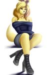  animal_crossing anthro bell black_eyes black_nose blonde_hair boots bottomwear canid canine canis clothed clothing domestic_dog female footwear fur hair hi_res isabelle_(animal_crossing) looking_at_viewer mammal nintendo off_shoulder orange_hair simple_background skirt smile solo sweater topwear tyzain video_games yellow_body yellow_fur 