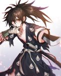  1boy amputee black_hair brown_eyes dororo_(tezuka) gradient gradient_background hair_between_eyes highres hyakkimaru_(dororo) japanese_clothes katana kylooe_0 long_hair looking_at_viewer male_focus mouth_hold ponytail prosthesis prosthetic_arm sheath sheathed simple_background solo standing sword torn_clothes weapon 