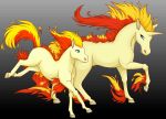  ambiguous_gender blue_eyes cantering duo equid equine feral fire fur galloping gradient_background grey_background hooves kainaa looking_at_another mammal nintendo pok&eacute;mon pok&eacute;mon_(species) ponyta quadruped race rapidash running simple_background trotting video_games yellow_body yellow_fur 