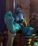  3d_(artwork) 5_fingers 5_toes absurd_res anthro anthrofied big_breasts blue_body blue_skin breasts brick digital_media_(artwork) equid equine eyebrow_piercing facial_piercing feet female fingers foot_focus friendship_is_magic hair hasbro hi_res humanoid_feet humanoid_hands lip_piercing mammal moreuselesssource multicolored_hair my_little_pony piercing pink_eyes rainbow_dash_(mlp) sitting soles solo toes 