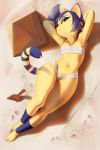 1girl :&lt; animal_crossing animal_ears ankha_(animal_crossing) armpits arms_behind_head arms_up bandages bangs barefoot beach blue_eyes blue_eyeshadow blue_hair breasts cat_ears cat_girl cat_tail closed_mouth collarbone commentary day egyptian english_commentary eyeshadow feliscede footprints from_above full_body furry groin hair_ornament half-closed_eyes highres legs_together looking_at_viewer lying makeup navel on_back outdoors pyramid sand sarashi short_hair shovel sidelocks small_breasts snake_hair_ornament solo stomach tail thick_thighs thighs wide_hips yellow_theme 