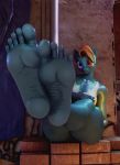  3d_(artwork) 5_toes absurd_res anthro anthrofied big_breasts blue_body blue_skin breasts brick digital_media_(artwork) equid equine eyebrow_piercing facial_piercing feet female foot_focus friendship_is_magic hair hasbro hi_res humanoid_feet lip_piercing mammal moreuselesssource multicolored_hair my_little_pony piercing pink_eyes rainbow_dash_(mlp) soles solo thick_thighs toes 