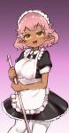  1girl :d apron black_dress blush dark_skin dark_skinned_female dot_nose dress gradient gradient_background head_tilt holding looking_at_viewer maid_apron maid_headdress medium_hair nijitama_shiyushiyu open_mouth original pantyhose pointy_ears puffy_short_sleeves puffy_sleeves purple_background short_sleeves smile solo upper_teeth white_apron white_legwear yellow_eyes 