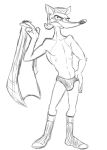  anthro black_and_white briefs clothed clothing footwear hand_on_hip jacket male monochrome open_mouth pinstripe_potoroo simple_background sketch socks solo teeth_showing thegreatmatsutzu topless topwear underwear white_background 