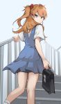  1girl bag bangs blue_dress blue_eyes dress handrail highres holding holding_bag long_hair looking_back milka_(milk4ppl) neon_genesis_evangelion orange_hair school_bag school_uniform short_sleeves solo souryuu_asuka_langley stairs tsurime two_side_up v-shaped_eyebrows 