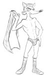  anthro black_and_white briefs clothed clothing footwear hand_on_hip jacket male monochrome open_mouth pinstripe_potoroo simple_background sketch socks solo teeth_showing thegreatmatsutzu topless topwear underwear white_background 